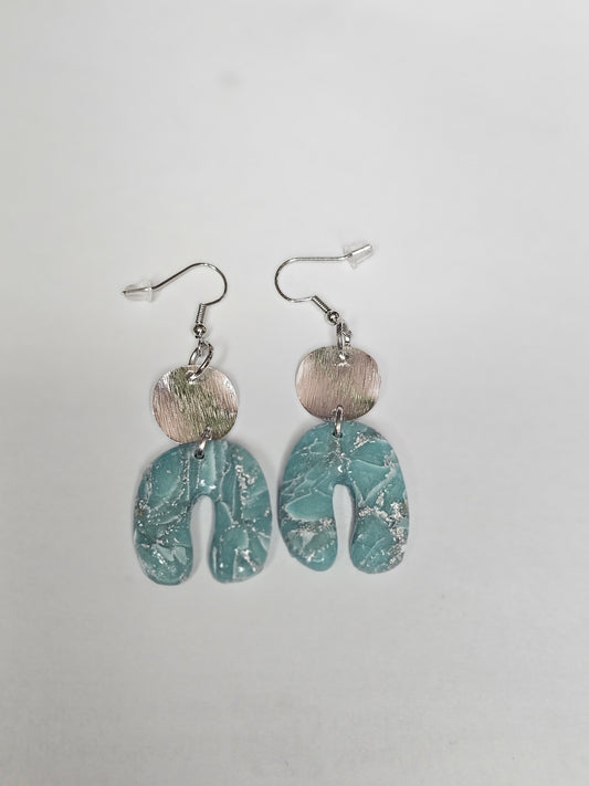 Abstract Translucent Jade Horseshoe Earrings with Silver Foil and Accents