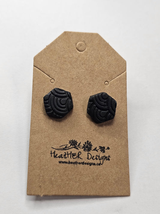 Black Button Earrings Circular 'Aztec' Design Studs