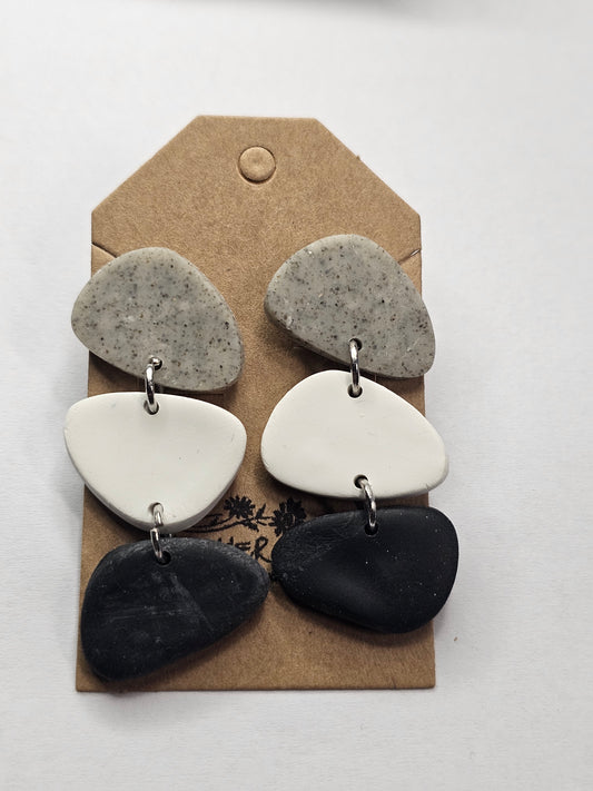 Dangling 'Stone' Tri-Colour Earrings (Grey/White/Black)