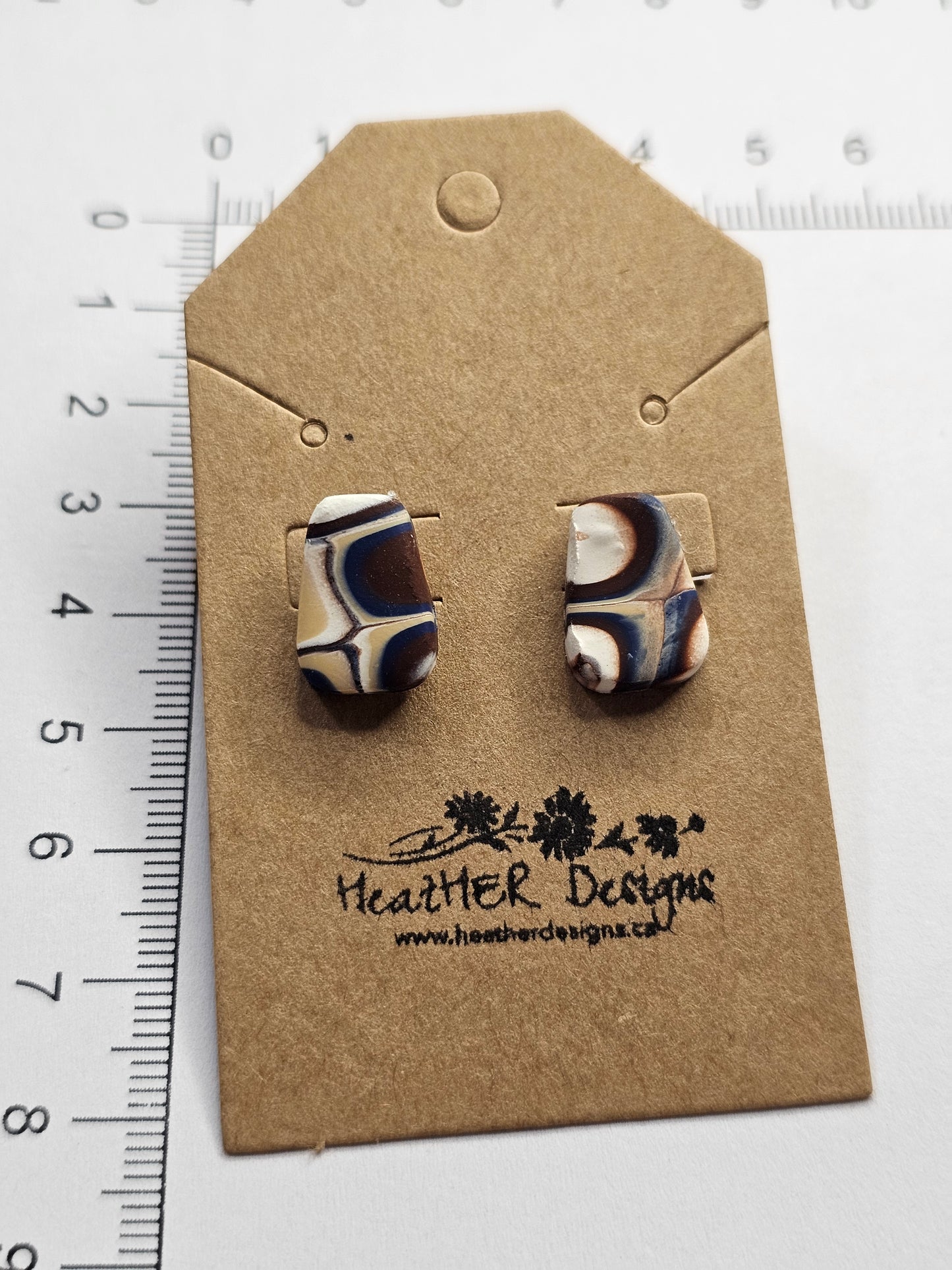 Abstract Trapezoid Button Earrings (Brown/White/Blue)