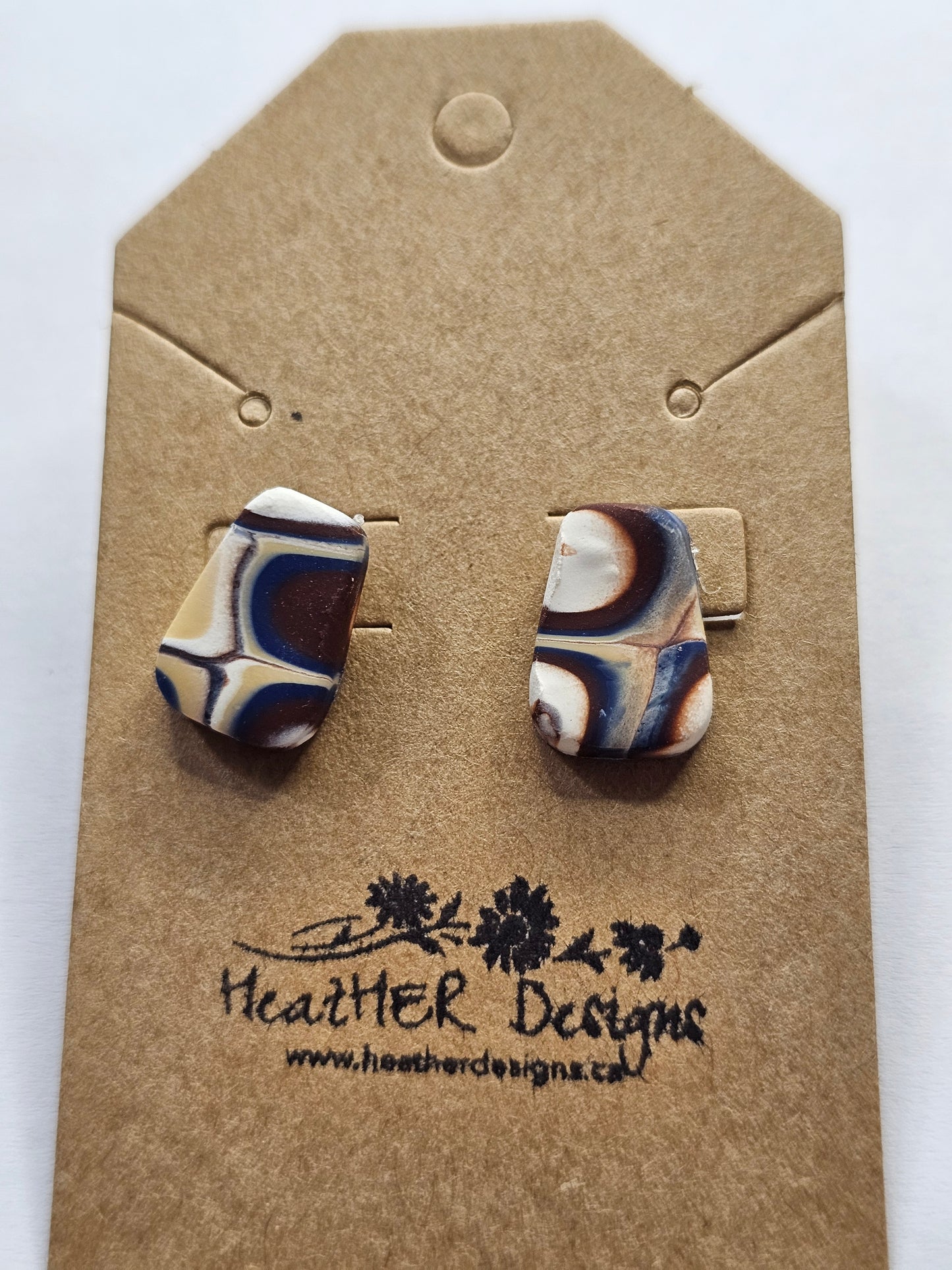 Abstract Trapezoid Button Earrings (Brown/White/Blue)