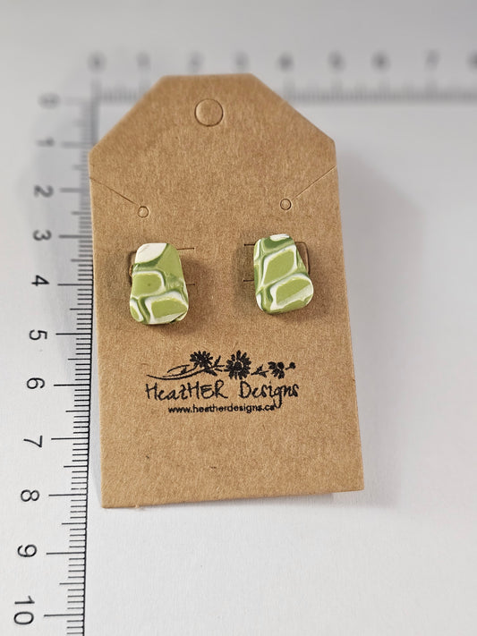 Abstract Trapezoid Button Earrings (Green/White)