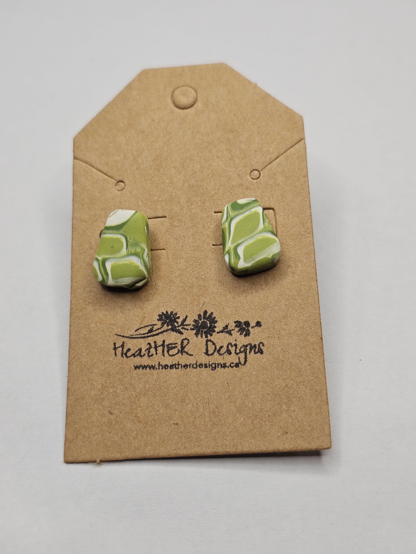 Abstract Trapezoid Button Earrings (Green/White)