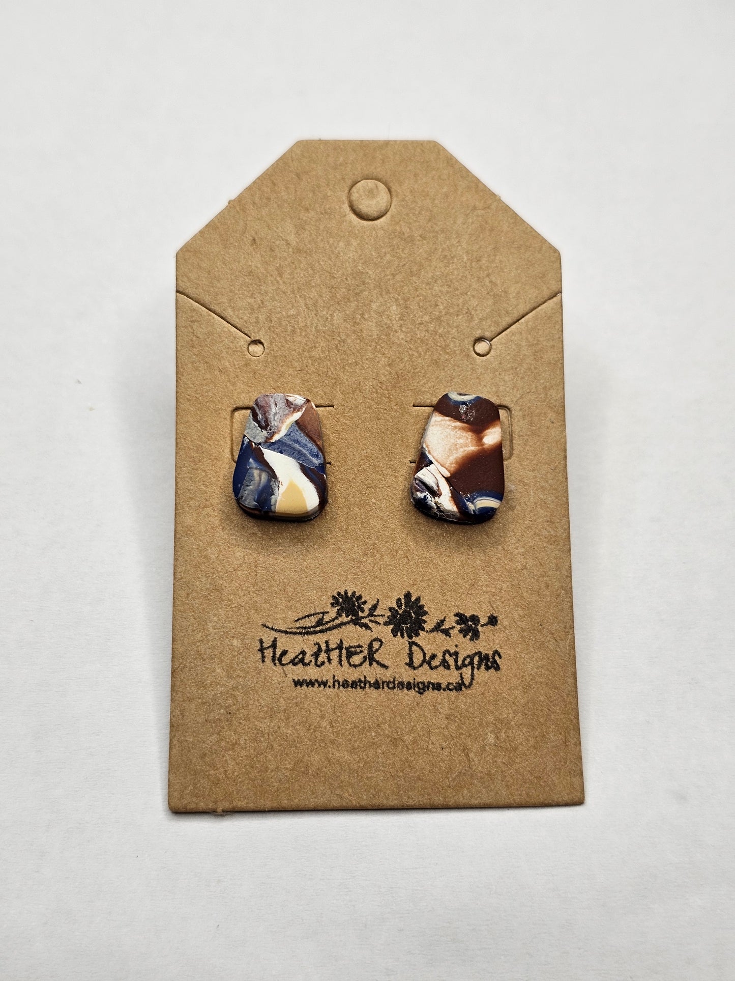 Abstract Trapezoid Button Earrings (Brown/White/Blue)