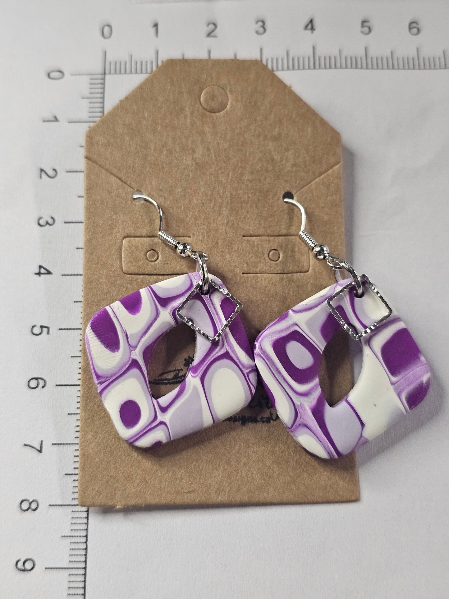 Abstract Square Purple and White Dangle Earrings