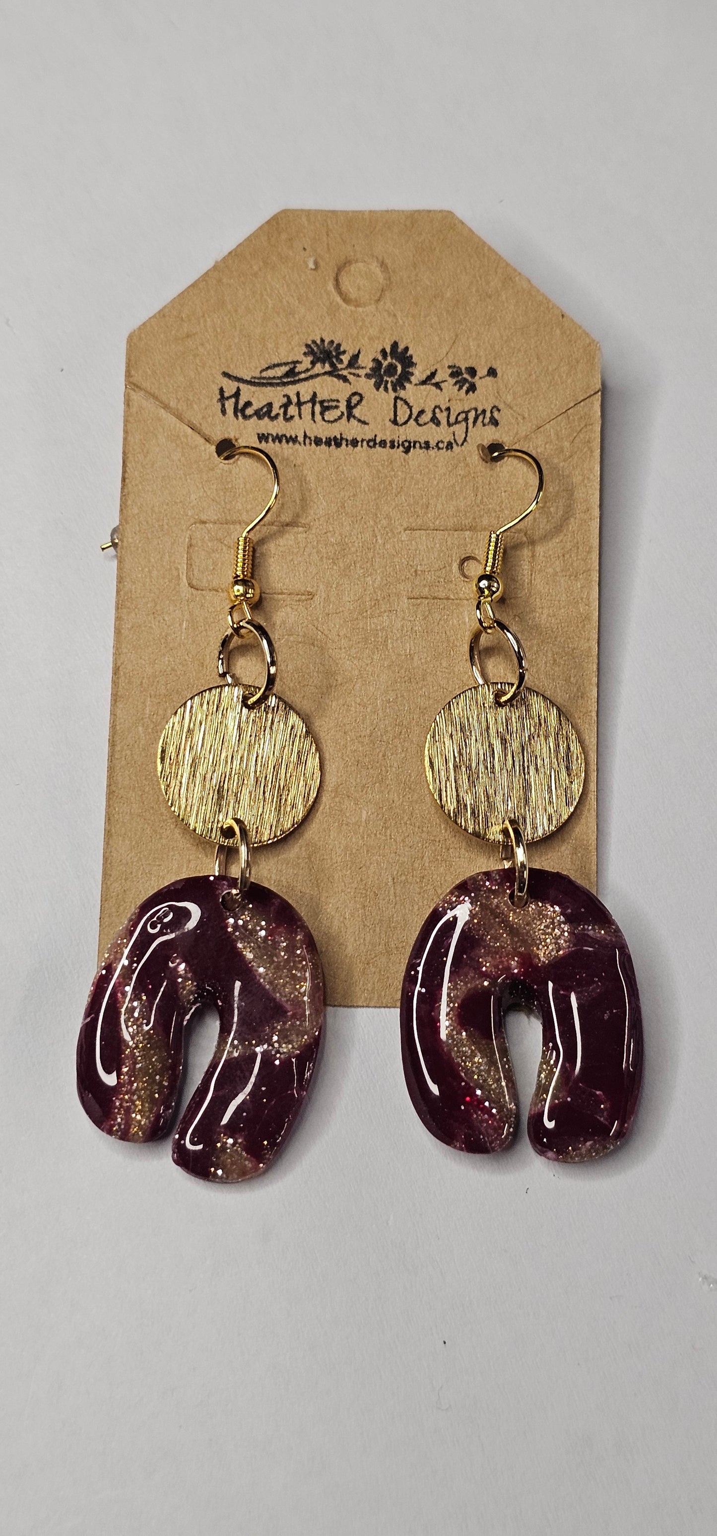 Maroon Glitter Horseshoe Earrings with Golden Accents