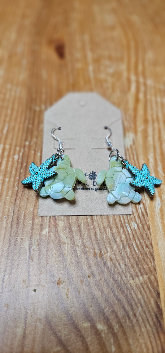 Translucent Green Turtle Earrings with Starfish Dangle