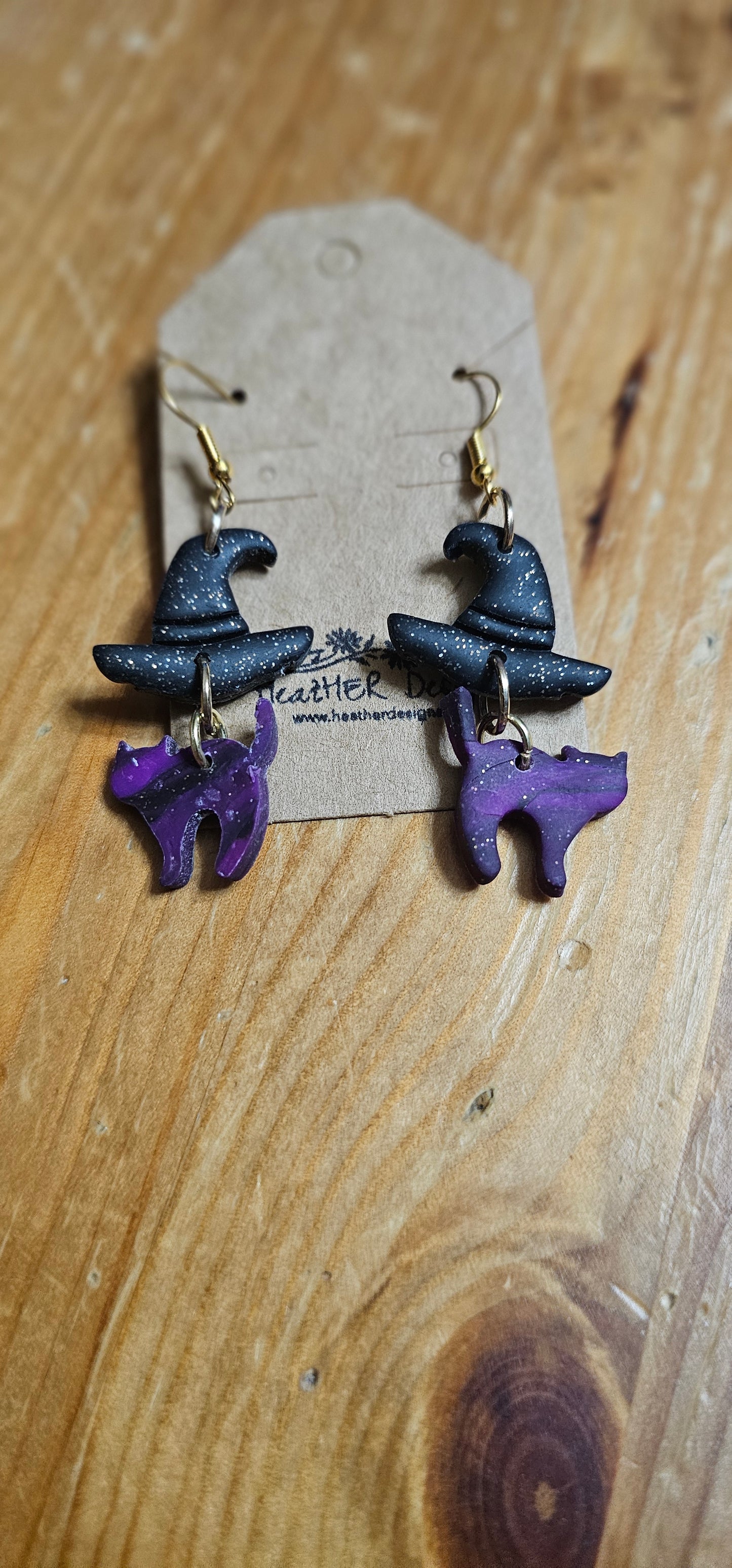 Witches Hat Earrings with Cat Dangle